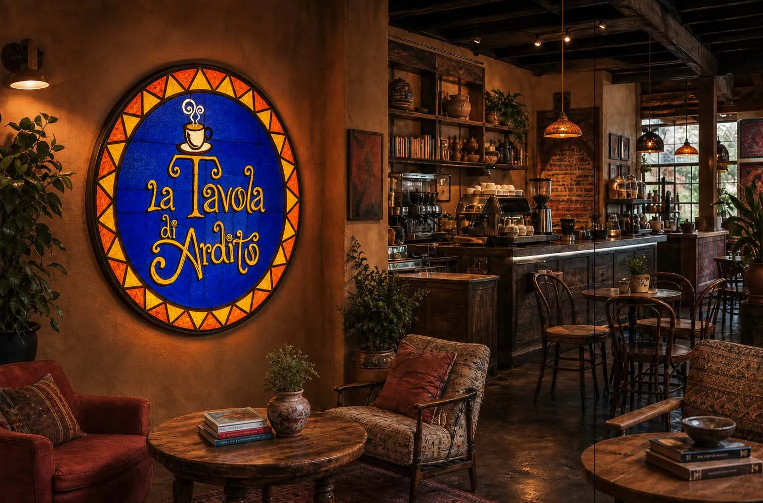 Interior cálido de la cafetería con el sello de la marca en la pared